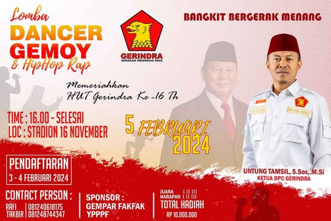 
					Lomba Dancer Gemoy dan Rapper Ramaikan HUT Partai Gerindra Ke-16, Pendaftaran Dibuka Hari Ini