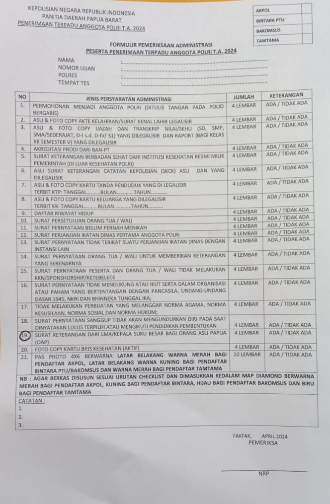 
					Panitia Penerimaan Bintara Polri di Fakfak Tegaskan Tak Menolak Surat Keterangan OAP dari Dewan Adat
