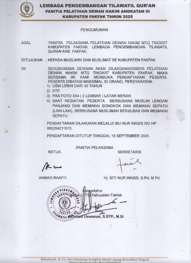 
					LPTQ Fakfak Buka Pendaftaran Pelatihan Dewan Hakim Angkatan III, Ini Persyaratannya!