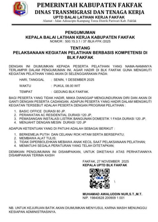 
					Kelas Ditambah, Pelatihan BLK Fakfak Siap Dimulai