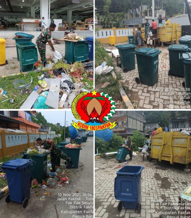 
					Tak Hanya Jaga Keamanan, Babinsa Fakfak Turun Tangan Bersihkan Pasar Rakyat